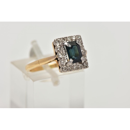 57 - AN 18CT GOLD SAPPHIRE AND DIAMOND RING, of a rectangular form, centring on a rectangular cut blue sa... 