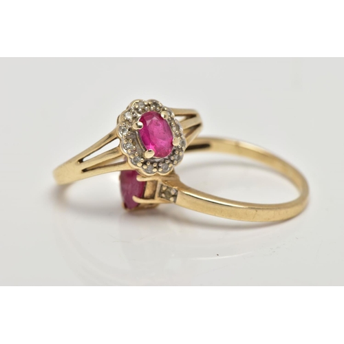 63 - TWO 9CT GOLD GARNET RINGS, the first designed with a six claw set, oval cut ruby (low quality, possi... 