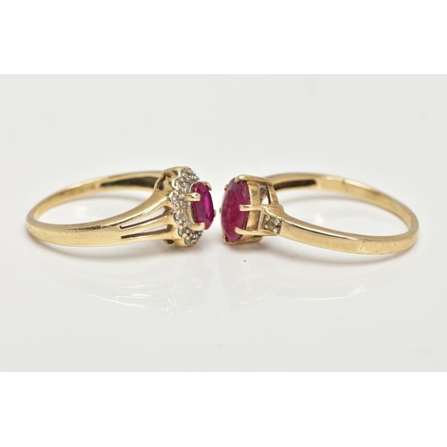 63 - TWO 9CT GOLD GARNET RINGS, the first designed with a six claw set, oval cut ruby (low quality, possi... 