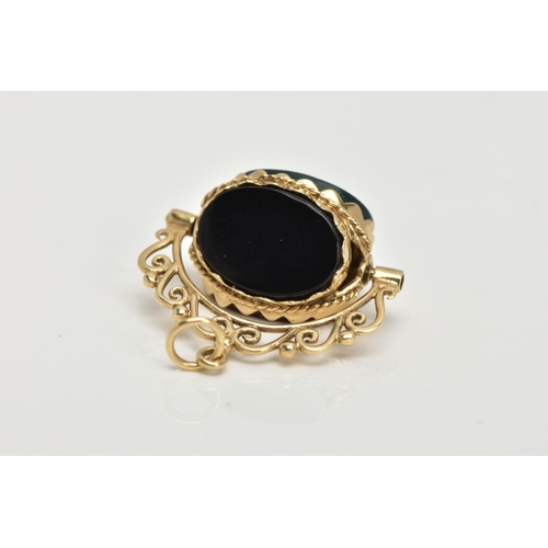 64 - A 9CT GOLD SWIVEL FOB, set with oval cut onyx, carnelian and bloodstone panels, openwork scroll moun... 