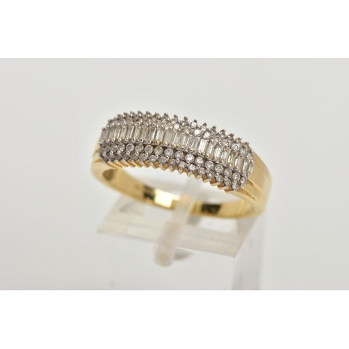 65 - AN 18CT GOLD DIAMOND DRESS RING, set with a central row of rectangular cut diamonds, within double r... 