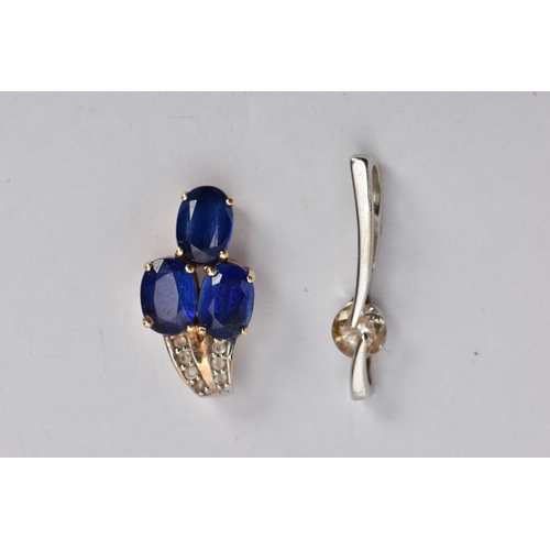 66 - TWO PENDANTS, the first a drop pendant set with three oval cut blue stones assessed as kyanite, fitt... 