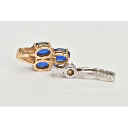 66 - TWO PENDANTS, the first a drop pendant set with three oval cut blue stones assessed as kyanite, fitt... 