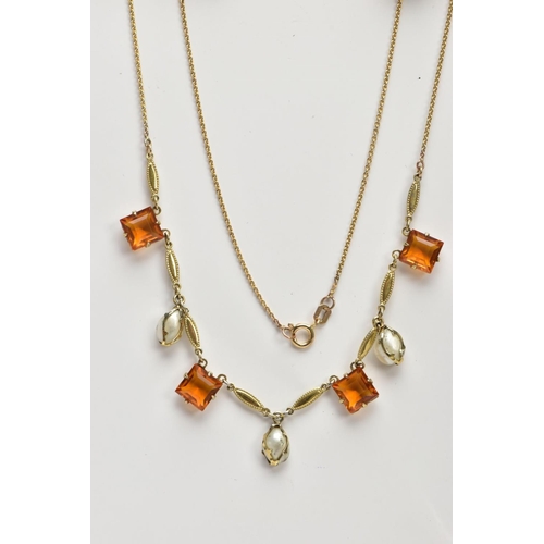 67 - A 9CT GOLD TOPAZ AND PEARL NECKLACE, fine cable chain fitted with oval textured links interspaced wi... 