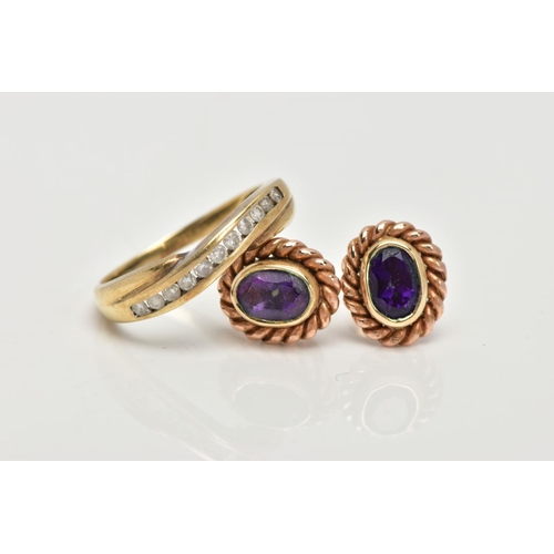 70 - A 9CT GOLD DIAMOND HALF ETERNITY RING AND A PAIR OF 9CT GOLD AMETHYST EARRINGS, the ring of a cross ... 