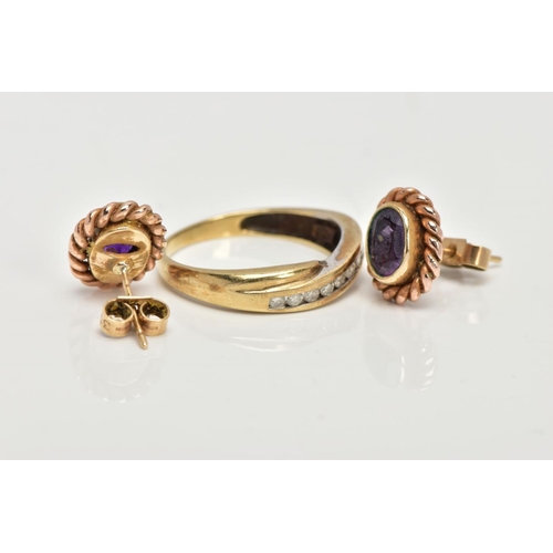 70 - A 9CT GOLD DIAMOND HALF ETERNITY RING AND A PAIR OF 9CT GOLD AMETHYST EARRINGS, the ring of a cross ... 