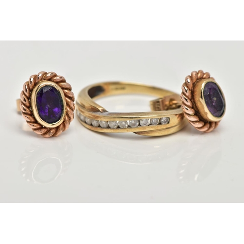 70 - A 9CT GOLD DIAMOND HALF ETERNITY RING AND A PAIR OF 9CT GOLD AMETHYST EARRINGS, the ring of a cross ... 