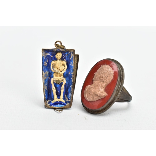 73 - A WHITE METAL CAMEO RING AND A PENDANT, the ring of an oval form, stone cameo depicting a gentlemen ... 