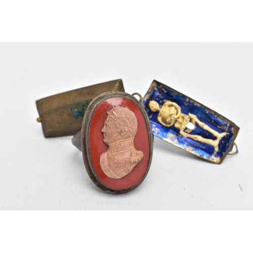 73 - A WHITE METAL CAMEO RING AND A PENDANT, the ring of an oval form, stone cameo depicting a gentlemen ... 