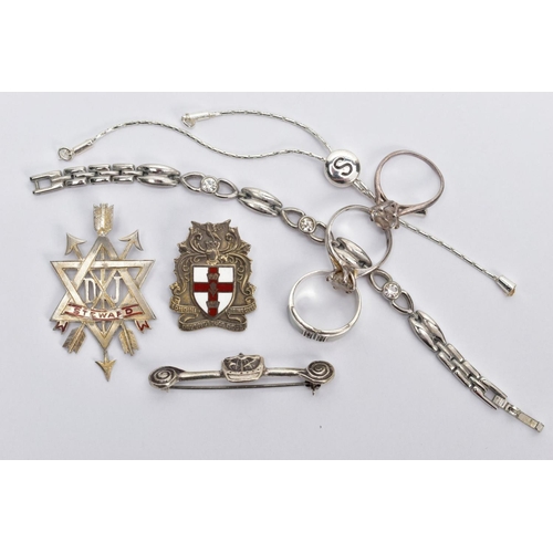 74 - A BAG OF ASSORTED WHITE METAL ITEMS, to include a silver 'Steward' fob medal pendant, worn red ename... 