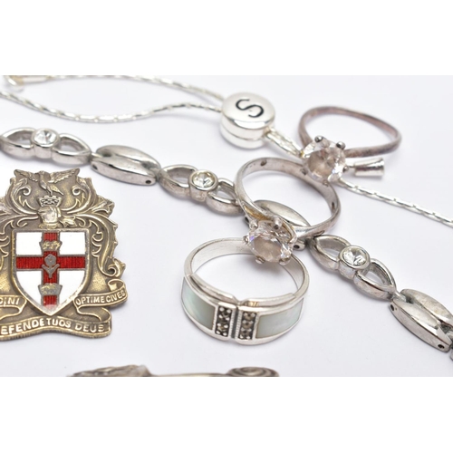 74 - A BAG OF ASSORTED WHITE METAL ITEMS, to include a silver 'Steward' fob medal pendant, worn red ename... 