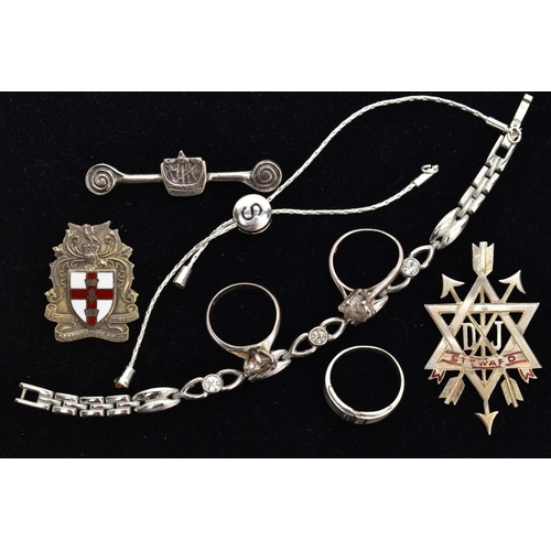 74 - A BAG OF ASSORTED WHITE METAL ITEMS, to include a silver 'Steward' fob medal pendant, worn red ename... 