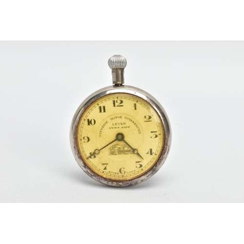 78 - A WHITE METAL POCKET WATCH, round dial signed 'Superior Motor Timekeeper, Lever Swiss Made', Arabic ... 