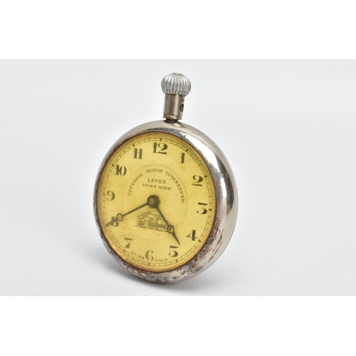 78 - A WHITE METAL POCKET WATCH, round dial signed 'Superior Motor Timekeeper, Lever Swiss Made', Arabic ... 