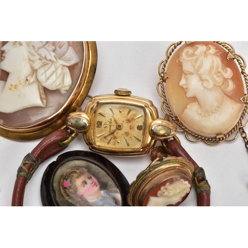 8 - TWO CAMEO BROOCHES, JET PENDANT AND AN OMEGA WATCH, a cameo brooch, depicting a lady in profile, set... 