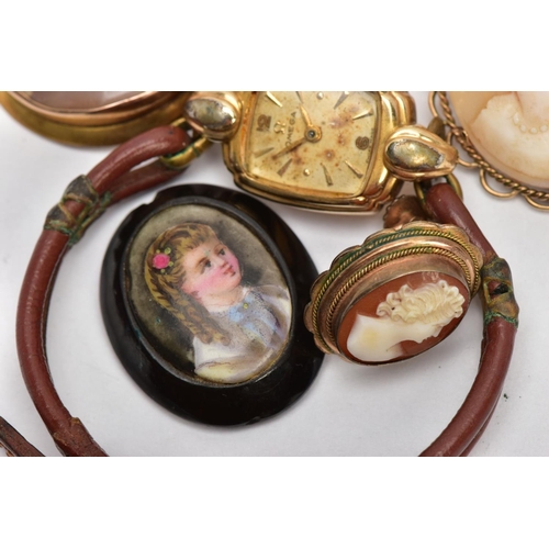 8 - TWO CAMEO BROOCHES, JET PENDANT AND AN OMEGA WATCH, a cameo brooch, depicting a lady in profile, set... 