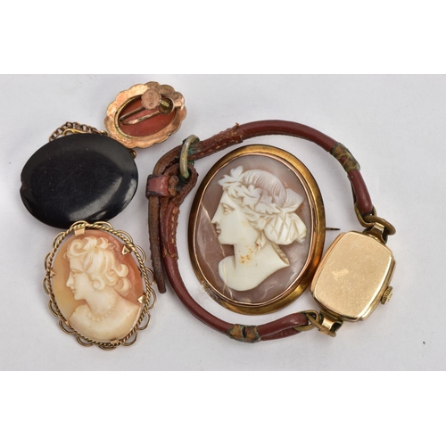 8 - TWO CAMEO BROOCHES, JET PENDANT AND AN OMEGA WATCH, a cameo brooch, depicting a lady in profile, set... 