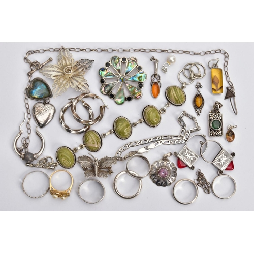 80 - A BAG OF ASSORTED WHITE METAL JEWELLERY, to include a white metal line bracelet set with green and w... 
