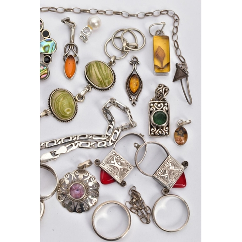 80 - A BAG OF ASSORTED WHITE METAL JEWELLERY, to include a white metal line bracelet set with green and w... 