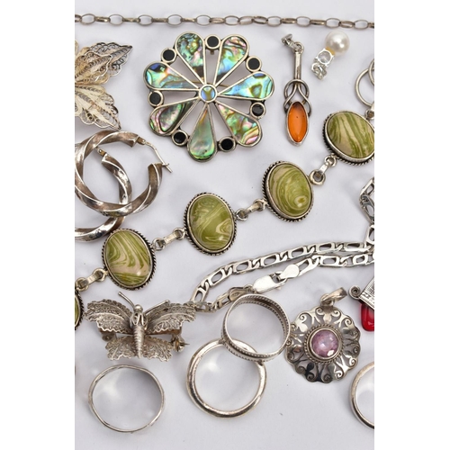 80 - A BAG OF ASSORTED WHITE METAL JEWELLERY, to include a white metal line bracelet set with green and w... 