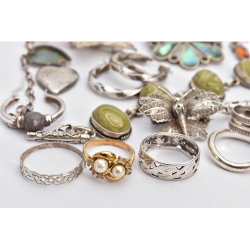 80 - A BAG OF ASSORTED WHITE METAL JEWELLERY, to include a white metal line bracelet set with green and w... 