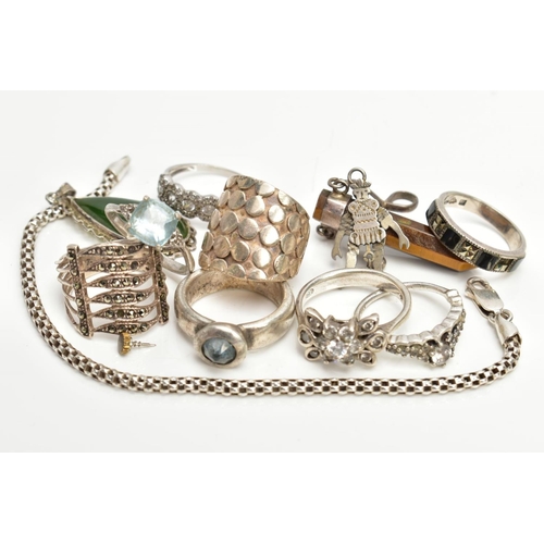 84 - A BAG OF WHITE METAL RINGS, PENDANTS AND A BRACELET, eight white metal rings of various designs all ... 