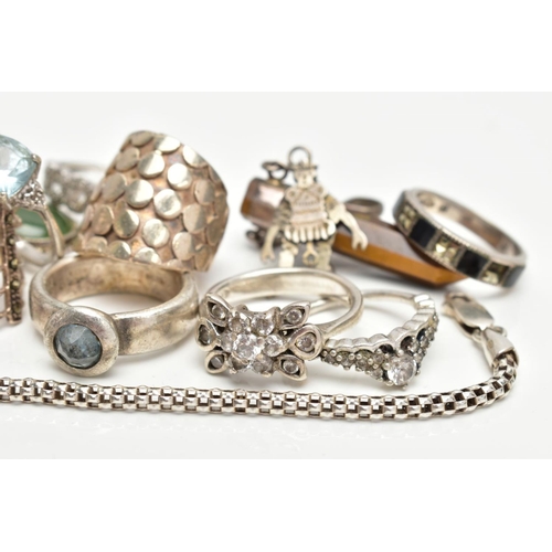 84 - A BAG OF WHITE METAL RINGS, PENDANTS AND A BRACELET, eight white metal rings of various designs all ... 