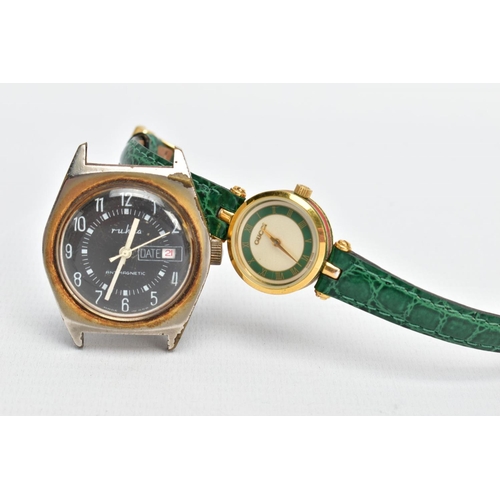 85 - A GUCCI WRISTWATCH WITH ONE OTHER, round shimmer dial with a green border, signed 'Gucci', Roman num... 