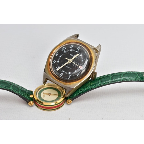 85 - A GUCCI WRISTWATCH WITH ONE OTHER, round shimmer dial with a green border, signed 'Gucci', Roman num... 