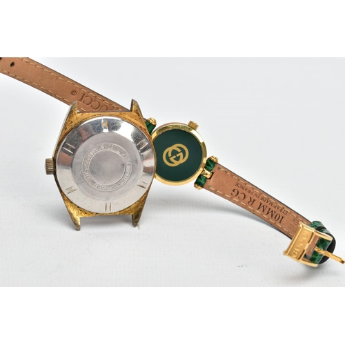 85 - A GUCCI WRISTWATCH WITH ONE OTHER, round shimmer dial with a green border, signed 'Gucci', Roman num... 