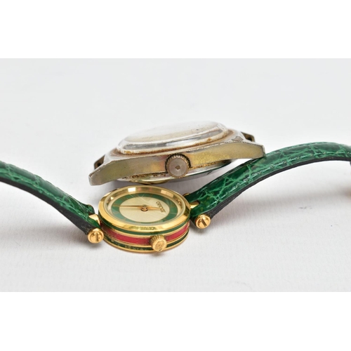 85 - A GUCCI WRISTWATCH WITH ONE OTHER, round shimmer dial with a green border, signed 'Gucci', Roman num... 