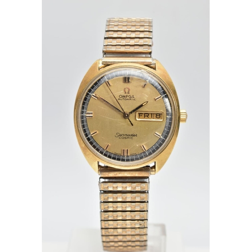 86 - A GENTS 'OMEGA SEAMASTER' WRISTWATCH, automatic movement, round gold dial signed 'Omega Automatic Se... 