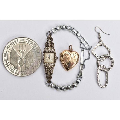 88 - A COMMEMORATIVE COIN, LOCKET, WATCH AND EARRING, to include a 1916 battle of Jutland, German fleet s... 