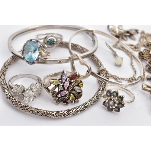 91 - A BAG OF ASSORTED JEWELLERY, to include a silver heart detailed bangle hallmarked London, a heavy te... 