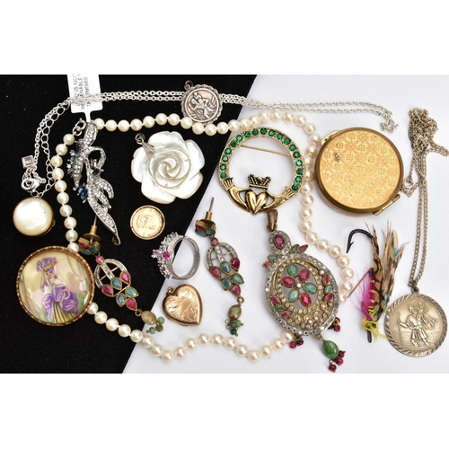 92 - A BAG OF ASSORTED ITEMS, to include a large metal pendant set with rubies, quartz and colourless sto... 