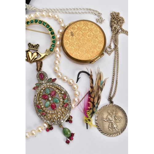 92 - A BAG OF ASSORTED ITEMS, to include a large metal pendant set with rubies, quartz and colourless sto... 