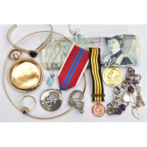94 - A BAG OF ASSORTED ITEMS, to include a broken gold tone open face pocket watch case, stamped 15ct, ca... 
