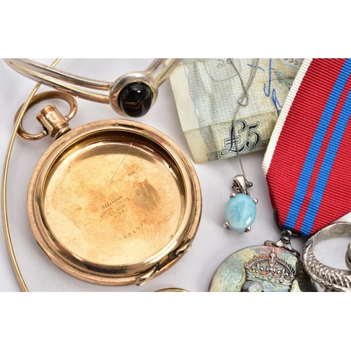 94 - A BAG OF ASSORTED ITEMS, to include a broken gold tone open face pocket watch case, stamped 15ct, ca... 