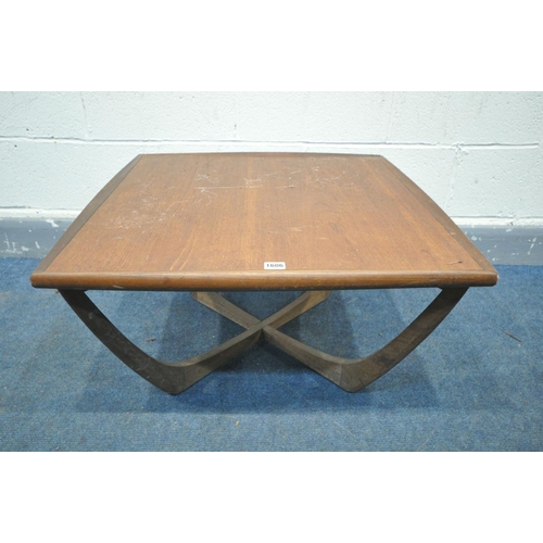 1606 - A MID CENTURY DANISH STYLE TEAK SQUARE COFFEE TABLE, with lipped edges on shaped crossed support, wi... 