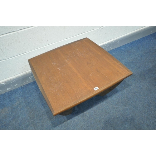 1606 - A MID CENTURY DANISH STYLE TEAK SQUARE COFFEE TABLE, with lipped edges on shaped crossed support, wi... 