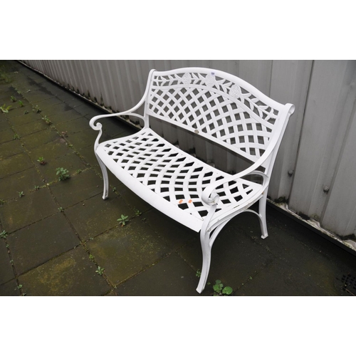 1201 - A  MODERN CAST ALUMINIUM GARDEN BENCH with lattice and foliate detail to back and seat width 102cm