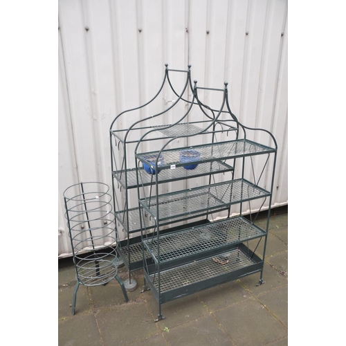 1204 - TWO METAL FRAMED GARDEN SHELVING UNITS the tallest being 174cm high, a circular metal stand and two ... 