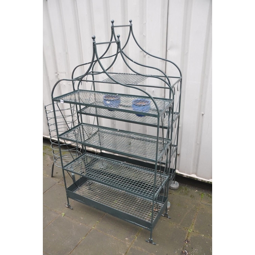 1204 - TWO METAL FRAMED GARDEN SHELVING UNITS the tallest being 174cm high, a circular metal stand and two ... 