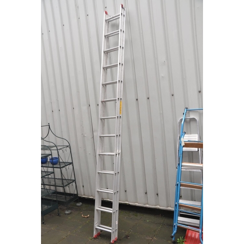 1205 - AN ALUMINIUM DOUBLE EXTENSION LADDER  with 13 rungs to each 3.5m section