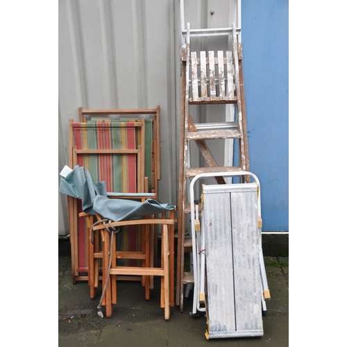 1213 - TWO VINTAGE DECK CHAIRS with striped fabric seats, four ladders, two aluminium, one wooden and one m... 