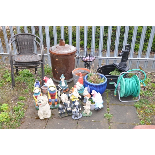 1219 - SIXTEEN COMPOSITE AND PLASTIC GARDEN FIGURES, a galvanised fire bin, two garden chairs, two plant po... 