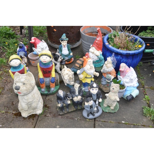 1219 - SIXTEEN COMPOSITE AND PLASTIC GARDEN FIGURES, a galvanised fire bin, two garden chairs, two plant po... 