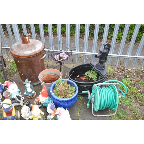 1219 - SIXTEEN COMPOSITE AND PLASTIC GARDEN FIGURES, a galvanised fire bin, two garden chairs, two plant po... 