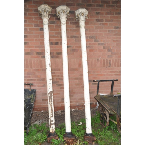 1222 - THREE VINTAGE CAST IRON CORINTHIAN COLUMNS overall length 260cm with acanthus leaf detailing to cant... 