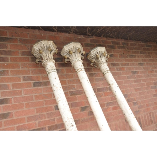 1222 - THREE VINTAGE CAST IRON CORINTHIAN COLUMNS overall length 260cm with acanthus leaf detailing to cant... 